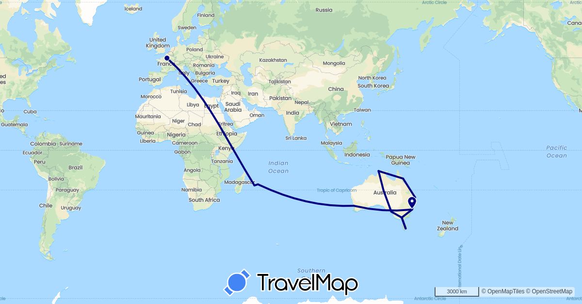 TravelMap itinerary: driving in Australia, France, Mauritius (Africa, Europe, Oceania)